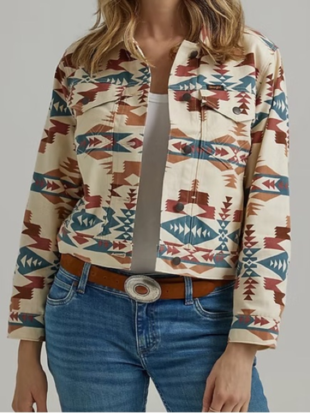 Wrangler Southwestern Aztec Print Denim Boyfriend Jacket Large rodeo western
